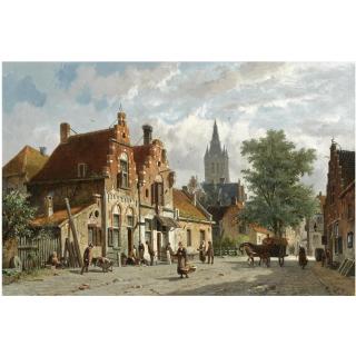 Adrianus Eversen - Dutch Figures In The Sunlit Streets Of A Dutch Town