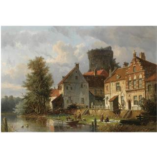 Adrianus Eversen - Dutch Many Figures In A Waterfront Town
