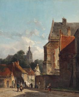 Adrianus Eversen - Figures Conversing In A Dutch Street