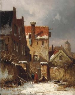 Adrianus Eversen - Figures conversing in a Dutch town in winter