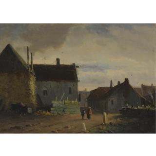 Adrianus Eversen - Figures In A Town Near A Haystack