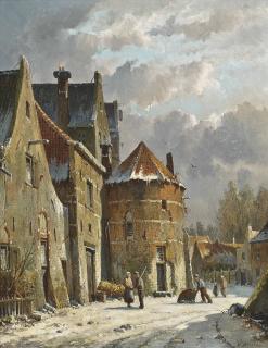 Adrianus Eversen - Figures on a Dutch street, winter