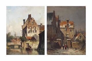 Adrianus Eversen - Fishing On A Sunny Day; And Figures In A Snow Covered Street In Winter