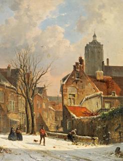 Adrianus Eversen - Holländische Straßenszene im Winter.