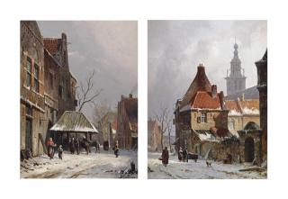 Adrianus Eversen - Horses in a Dutch street in winter; and A capriccio view of Breda in winter with a church beyond