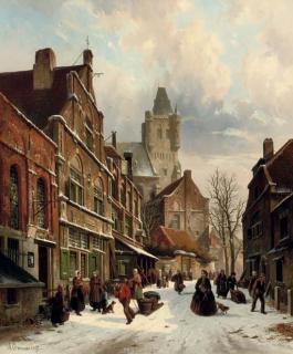 Adrianus Eversen - Numerous figures in a Dutch street in winter