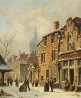 Adrianus Eversen - Numerous townspeople in a snow-covered street, Delft