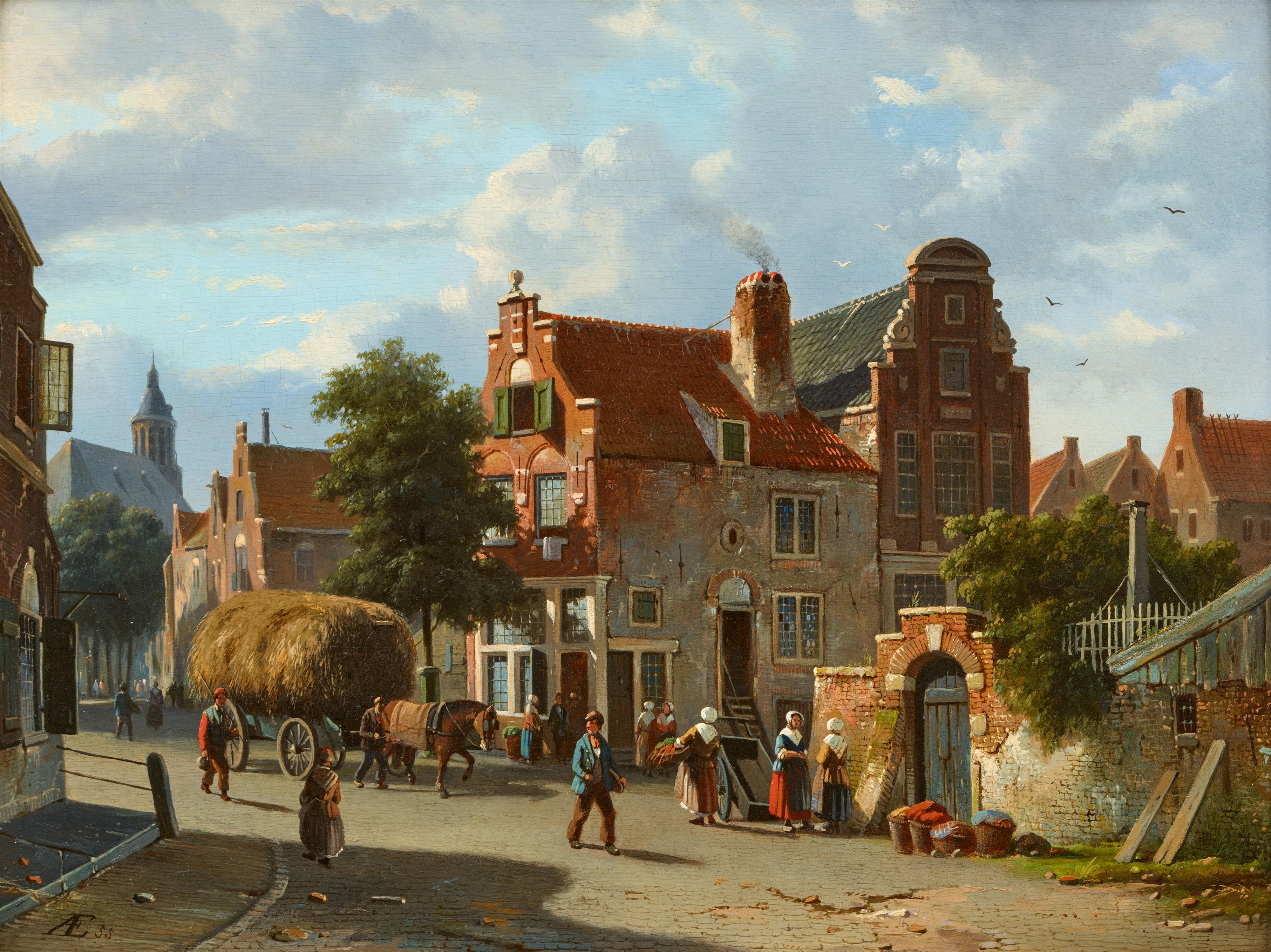 Adrianus Eversen - Paar Gemälde: Sommerliche Stadtansicht mit einem Heuwagen und vielen Figuren