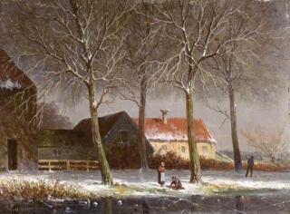 Adrianus Eversen - Peasants on a tree-lined snowcovered track, with farms beyond