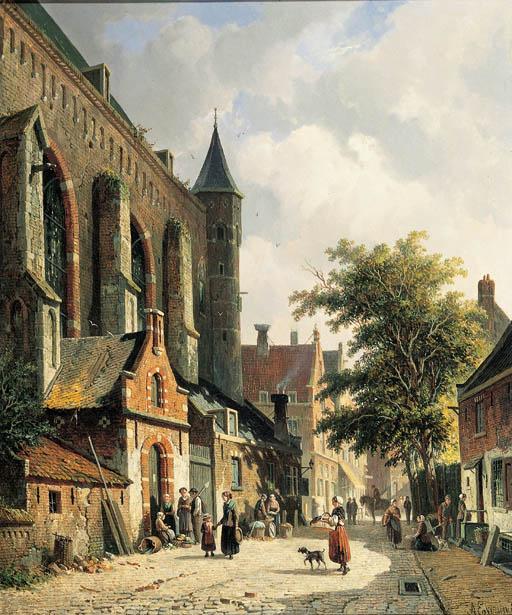 Adrianus Eversen - Straatje te Edam: Townsfolk in a sunlit street