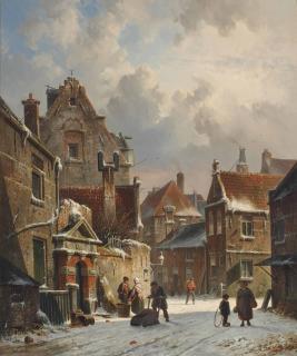 Adrianus Eversen - Townsfolk on a snow covered street