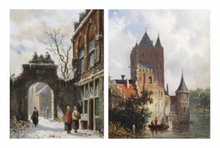 Adrianus Eversen - Two men fishing near a building on a summer day; and Early morning chat on a snow-covered street