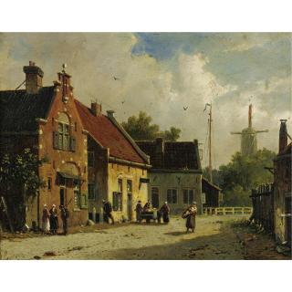 Adrianus Eversen - Village Street, Windmill In The Distance