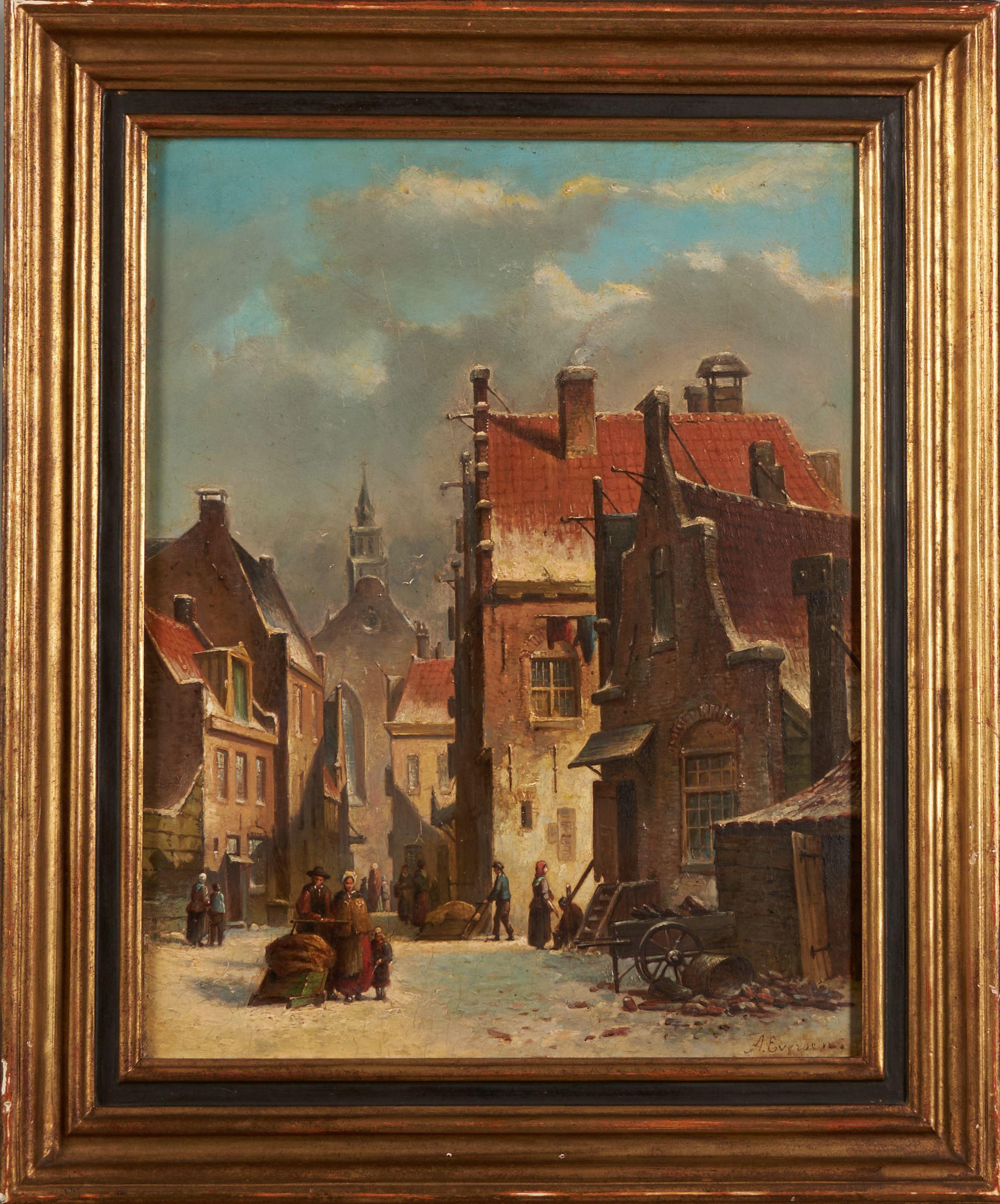 Adrianus Eversen - Winter in the Village 15 x 12 in. (38.0 x 30.5 cm) framed 19 3/8 x 16 1/8 x 1 1/2 in.
