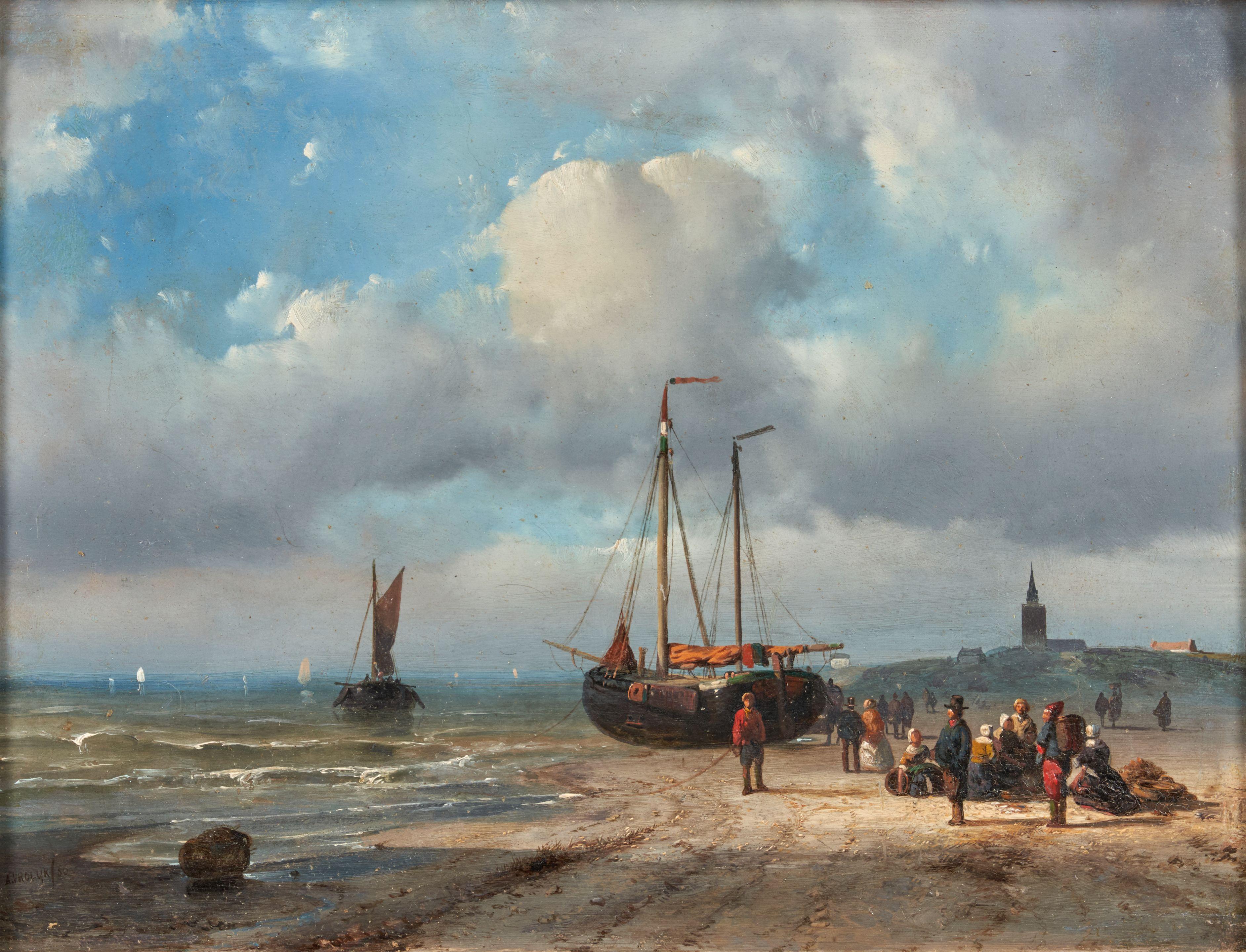 Adrianus Jacobus Vrolijk - Figures Surrounding a Beached Fishing Vessel