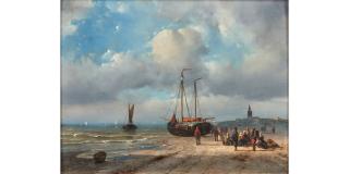 Adrianus Jacobus Vrolijk - Figures Surrounding a Beached Fishing Vessel
