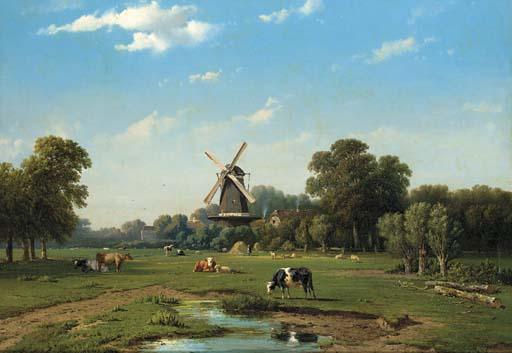 Adrianus Jacobus Vrolyk - Cattle at pasture with a windmill beyond