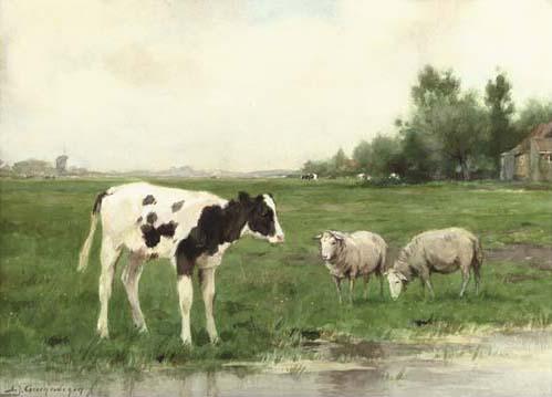 Adrianus Johannes Groenewegen - A calf and two sheep on the waterfront