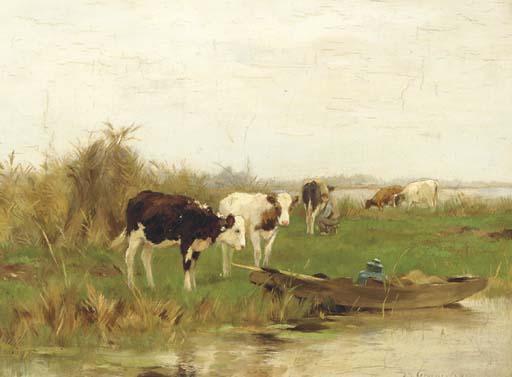 Adrianus Johannes Groenewegen - A Herder With His Cattle On A River Bank