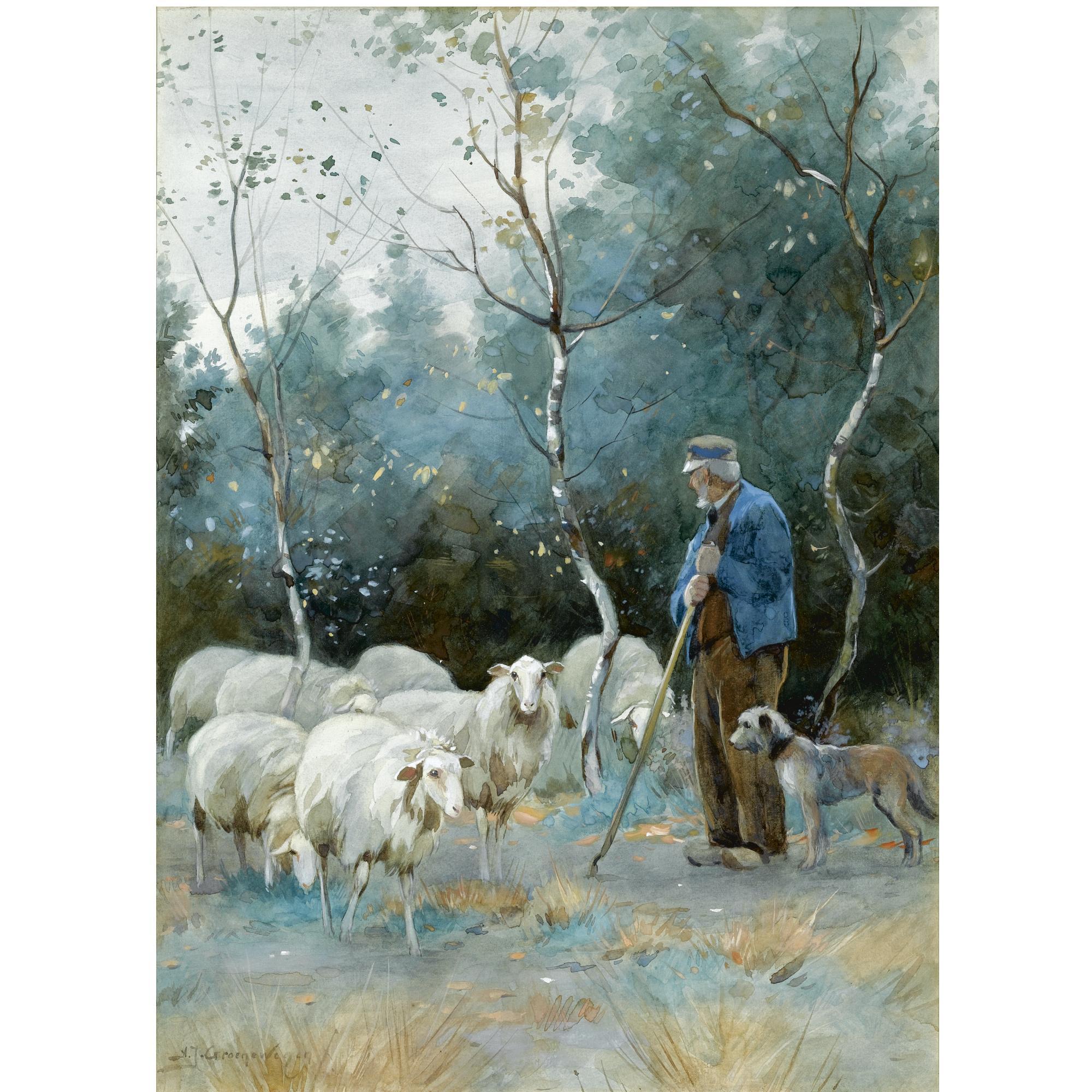 Adrianus Johannes Groenewegen - Dutch A Shepherd With His Flock