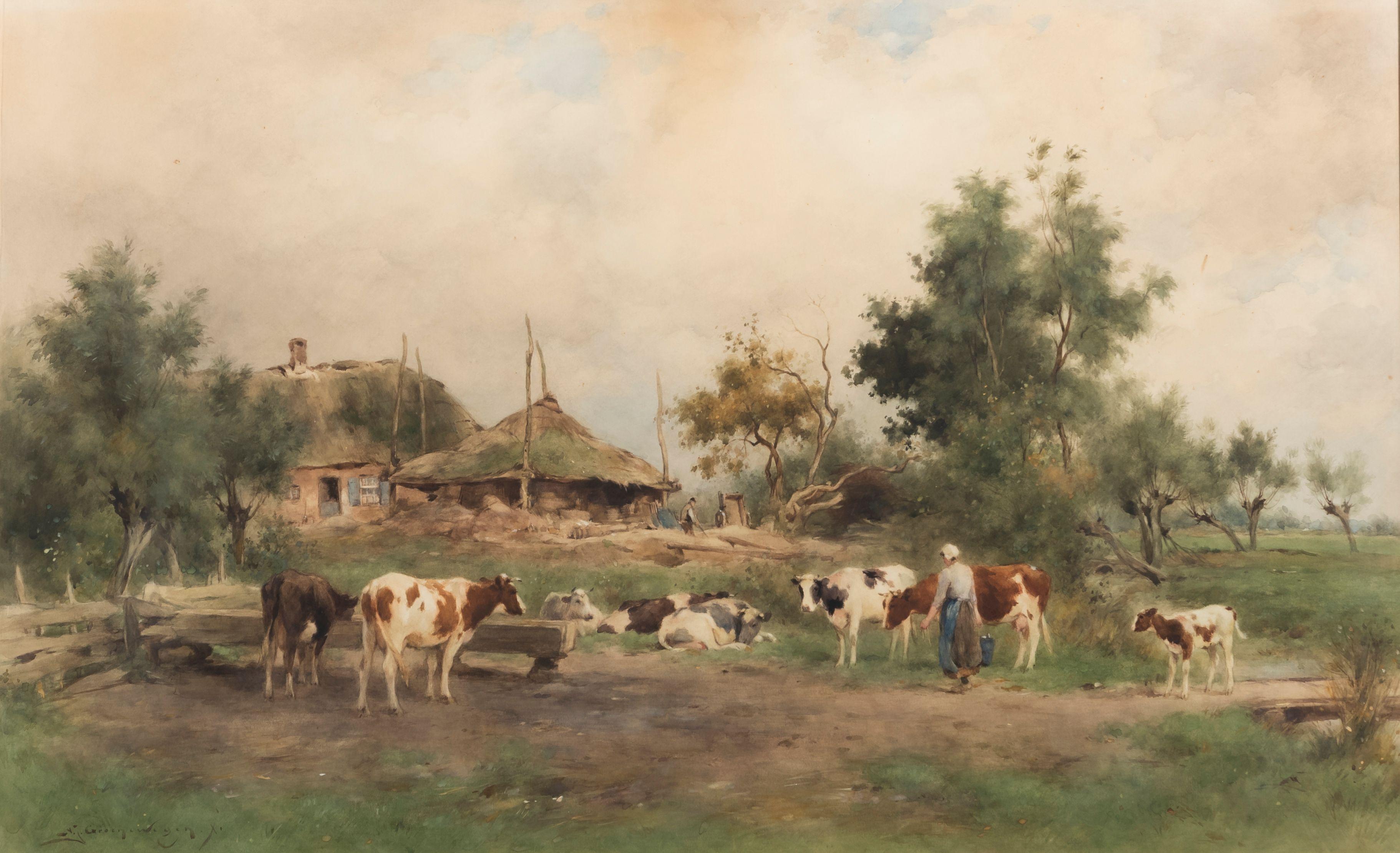 Adrianus Johannes Groenewegen - Koeien bij de boerderij