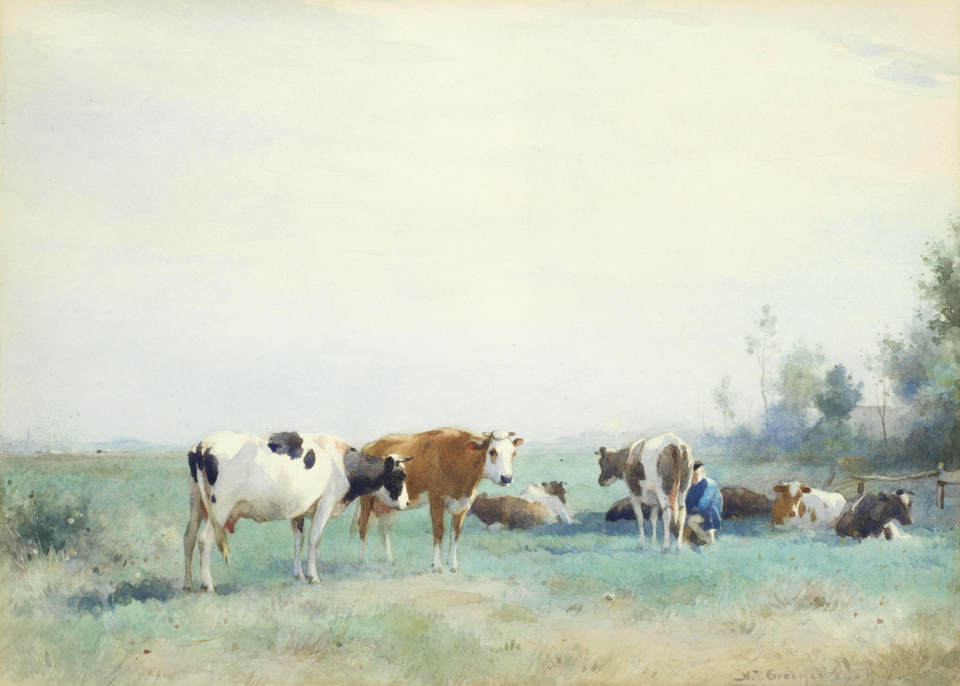 Adrianus Johannes Groenewegen - Milking time; a pair