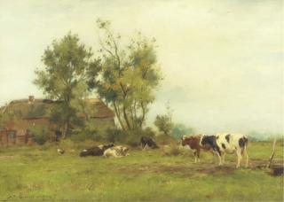 Adrianus Johannus Groenewegen - Dutch pastures: live-stock by a farm