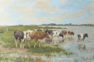 Adrianus Johannus Groenewegen - Watering Cows By A River