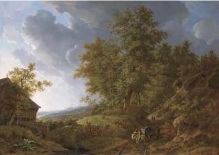 Adrianus Van Der Koogh - An extensive rolling landscape with travellers on a sandy track by a watermill