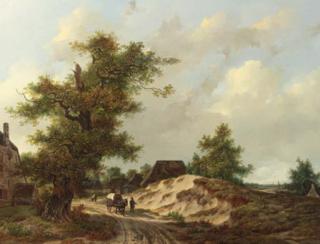 Adrianus van der Koogh - Travellers on a sandy track through a village in a wooded landscape