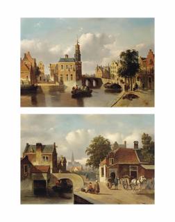 Adrianus Vrolijk - A Capriccio View Of The Munt, Amsterdam; And A Capriccio View Of Haarlem With The St. Bavo Church