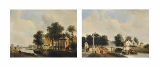 Adrianus Vrolijk - A summer\'s day on the Trekvliet seen from Haagzigt, Voorburg; and The Trekweg along the Trekvliet with the old railway bridge, The Hague