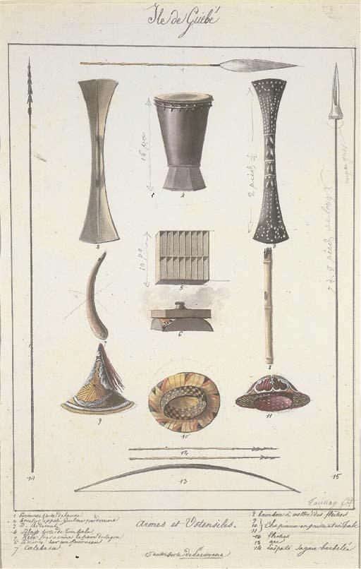 Adrien Aime Taunay - Timor. 1818. (Native artefacts); Rawak. Ustensiles des habitans de Waigiou; Ile de Guebé. Armes et Ustensiles; and three proof engravings, one annotated, for plate 40 in the Atlas Historique