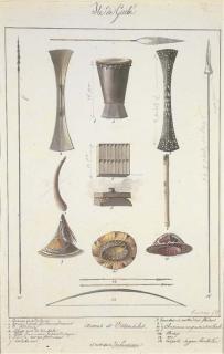 Adrien Aime Taunay - Timor. 1818. (Native artefacts); Rawak. Ustensiles des habitans de Waigiou; Ile de Guebé. Armes et Ustensiles; and three proof engravings, one annotated, for plate 40 in the Atlas Historique