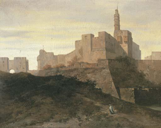 Adrien Dauzats - Jerusalem, a view of the city walls with the Gate of Jaffa and the Tower of David