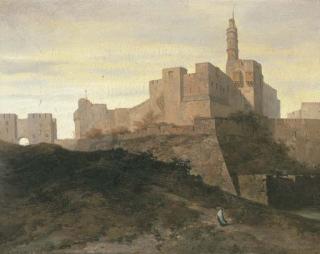 Adrien Dauzats - Jerusalem, a view of the city walls with the Gate of Jaffa and the Tower of David
