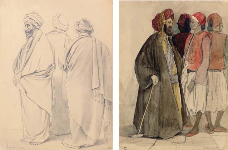 Adrien Dauzats - Three Robed Men; Four Men in Egyptian Dress