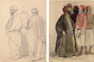 Adrien Dauzats - Three Robed Men; Four Men in Egyptian Dress