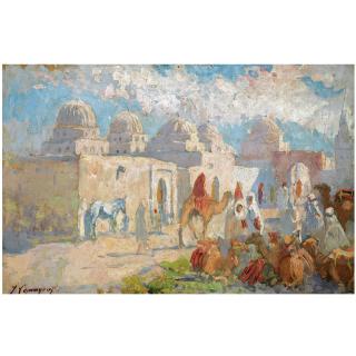 Adrien Jean Le Mayeur de Merprès - Belgian A Camel Market Before The Town Gates, Africa