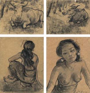 Adrien Jean Le Mayeur De Merprès - (I) Sketch Of A Cow (Ii) Sketch Of A Cow In The Woods (Iii) Study Of Ni Pollok Sitting (Iv) Portrait Of Ni Pollok  