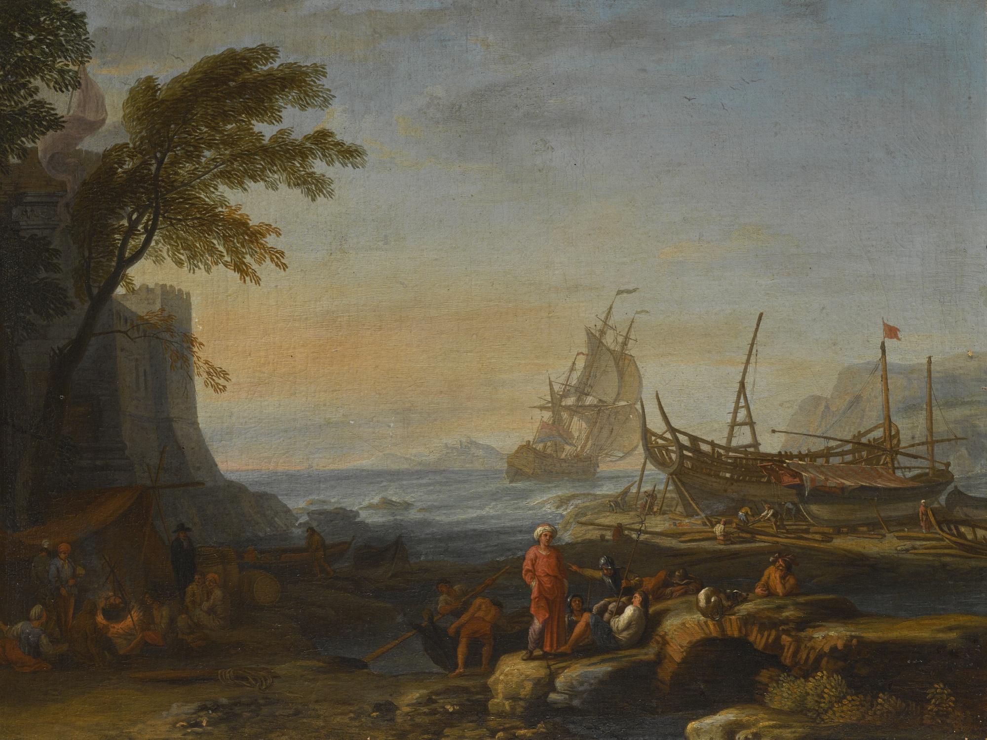 Adrien Manglard - A Mediterranean Coastal Landscape At Evening With Figures Gathered On The Shore