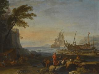 Adrien Manglard - A Mediterranean Coastal Landscape At Evening With Figures Gathered On The Shore