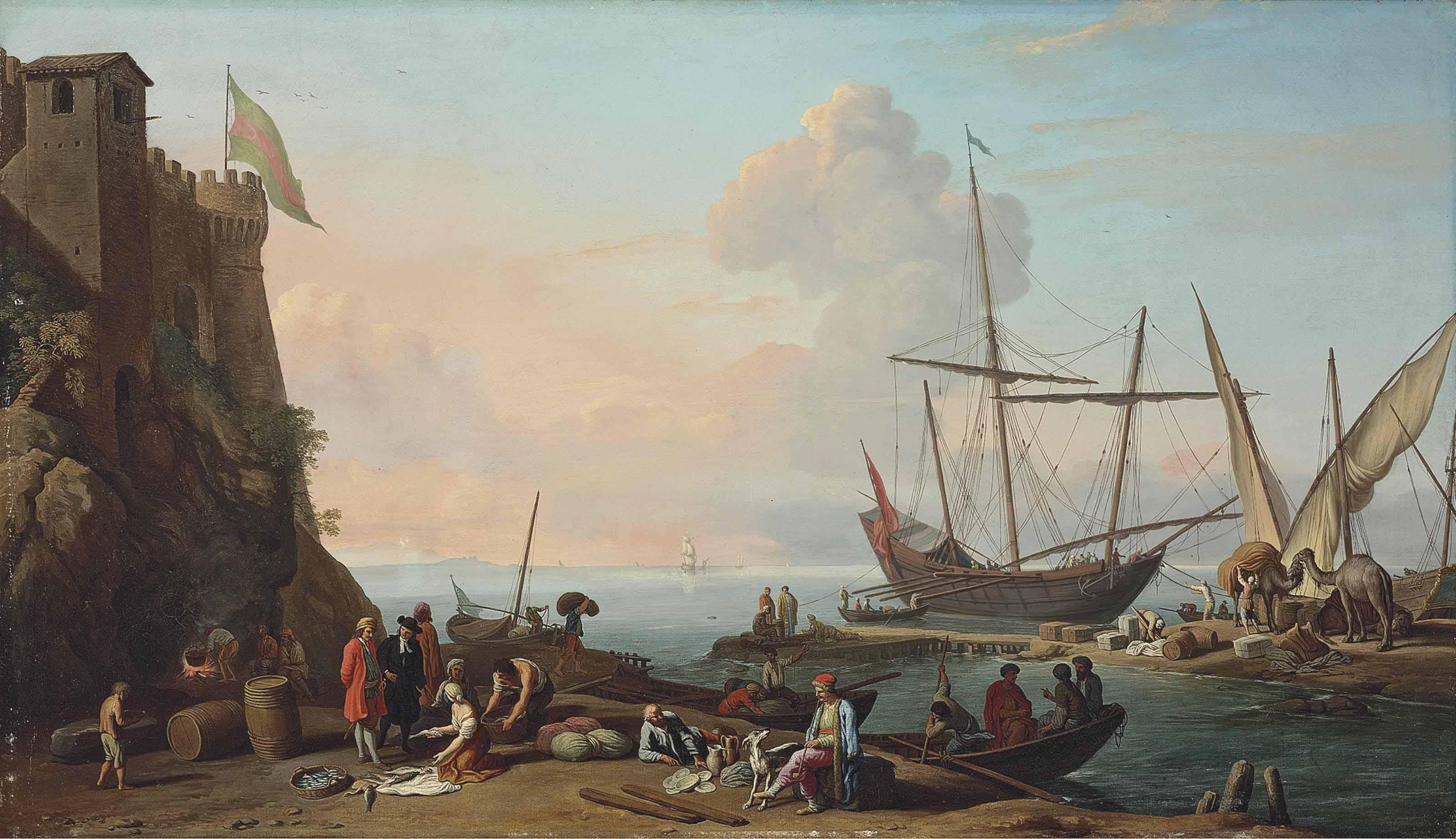Adrien Manglard - A Mediterranean harbour with stevedores unloading their ships, figures  selling fish in the foreground by a fortress