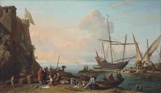 Adrien Manglard - A Mediterranean harbour with stevedores unloading their ships, figures  selling fish in the foreground by a fortress