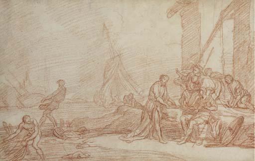 Adrien Manglard - Des figures dans un port, des bateaux à l\'arrière plan (recto); Un sermon (verso)