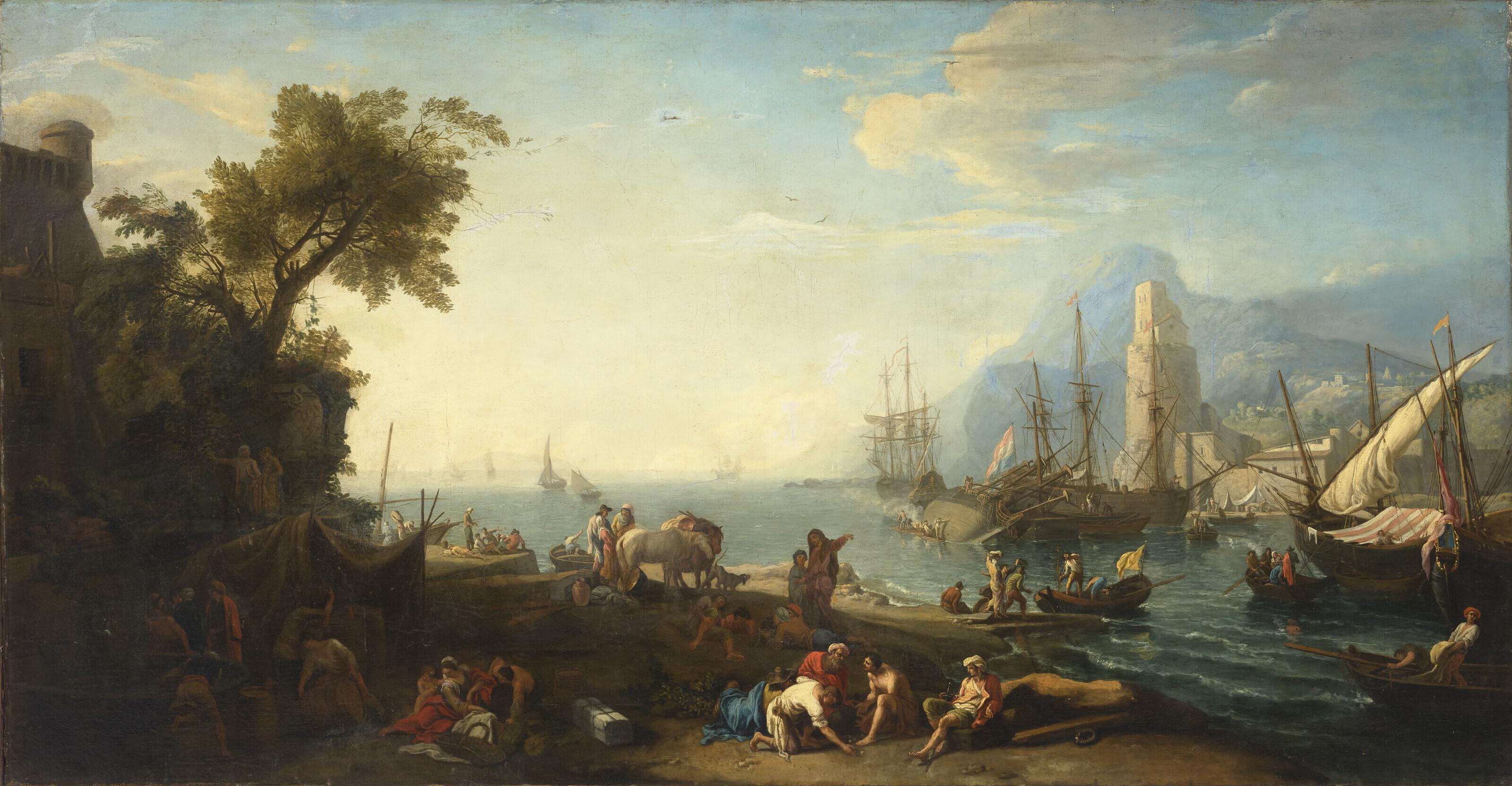 Adrien Manglard - Figures on an estuary with a ship careened in the background