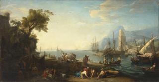 Adrien Manglard - Figures on an estuary with a ship careened in the background