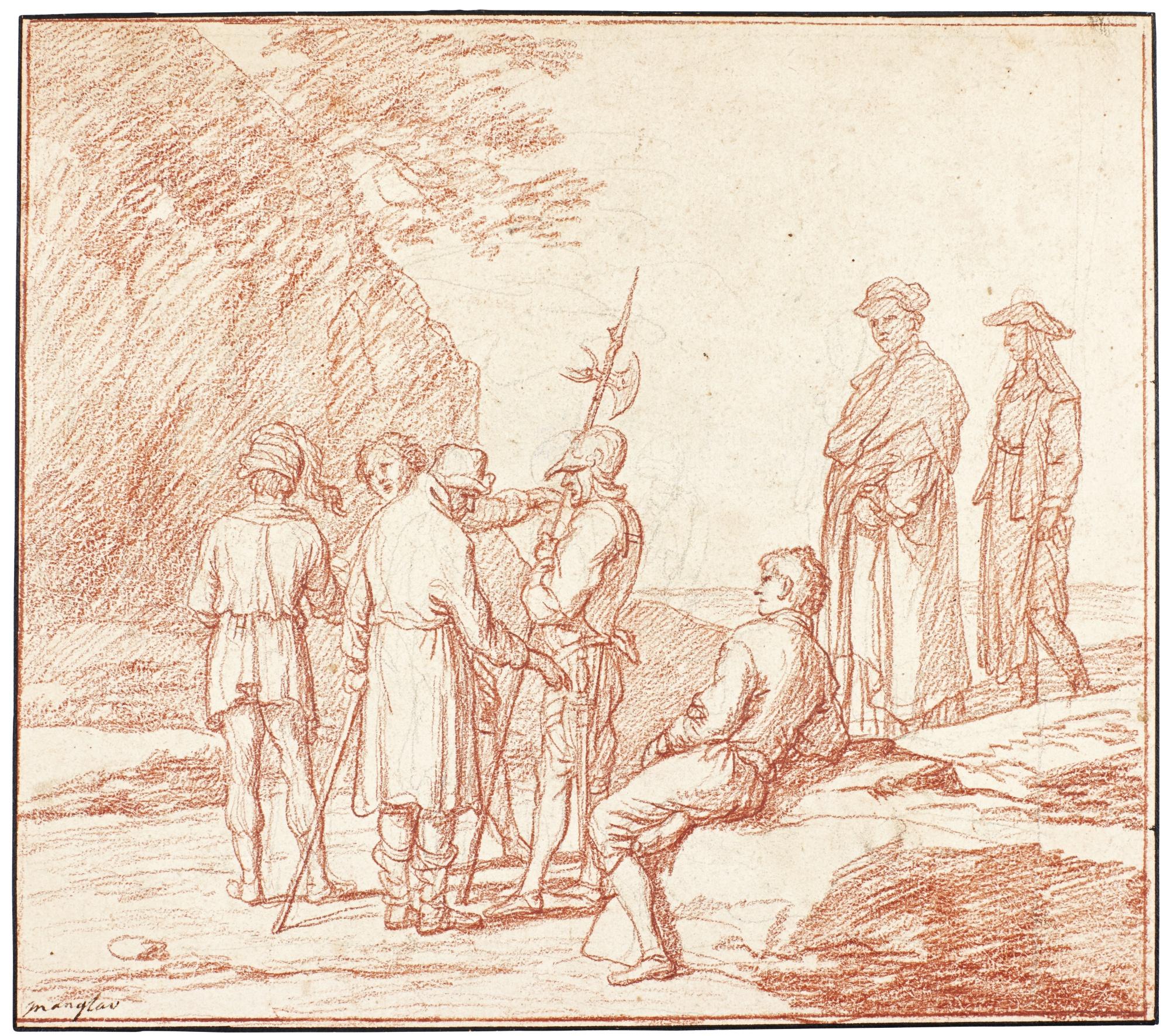 Adrien Manglard - Group Of Figures And A Soldier In A Landscape 