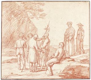 Adrien Manglard - Group Of Figures And A Soldier In A Landscape 