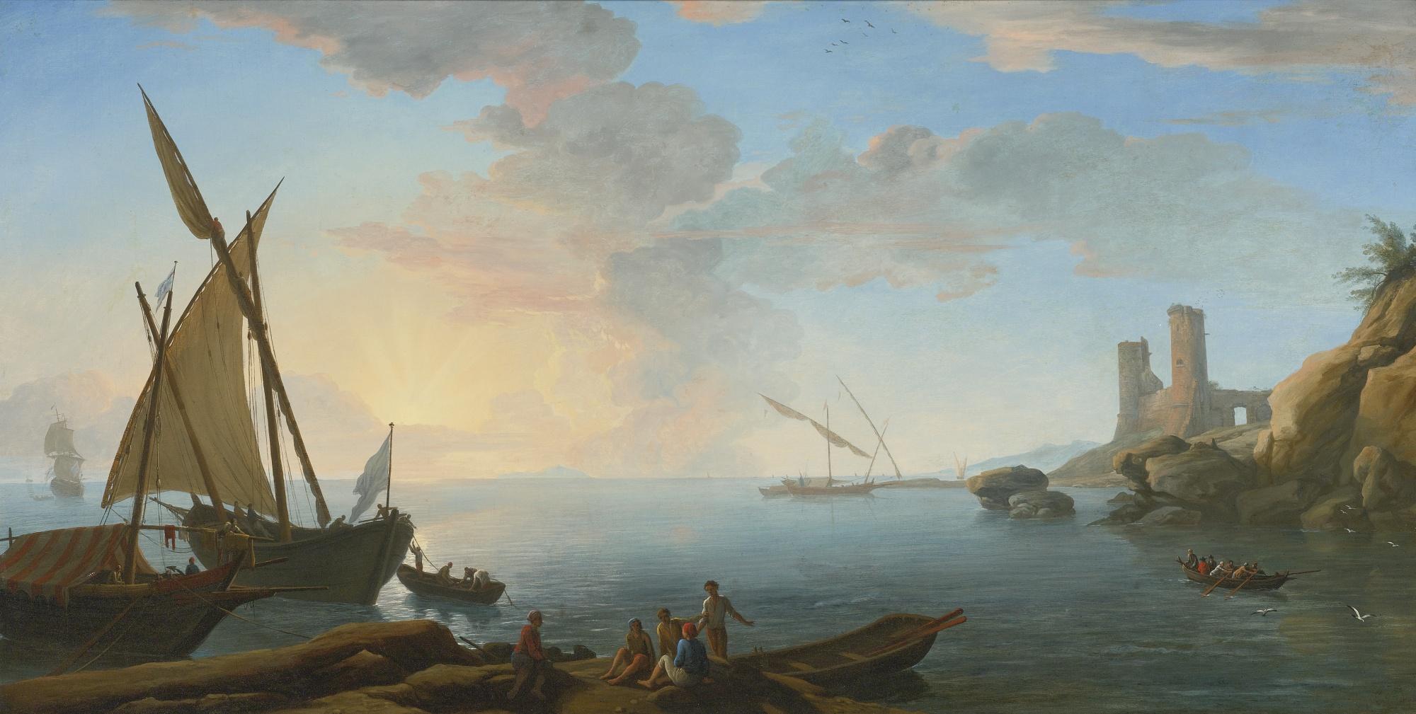 Adrien Manglard - Southern Mediterranean Seascape With Boats And Figures At Sunset